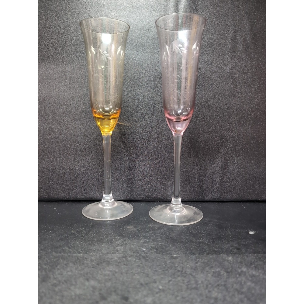 Etched Lead Crystal Champagne Flutes, Fluted‎ Chintz Glass, Yellow & Pink Glass